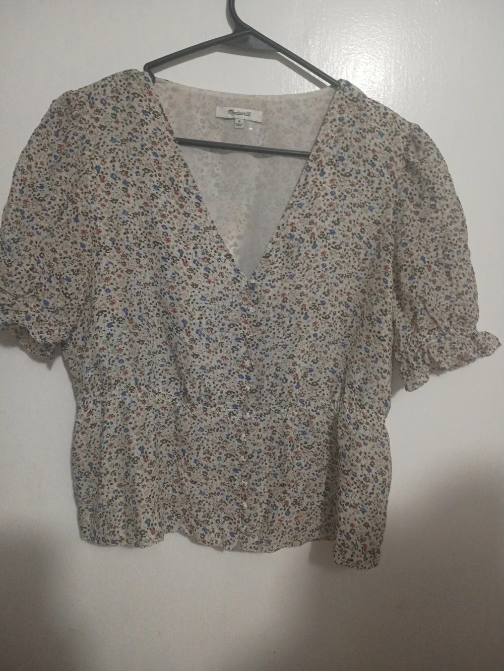 Madewell Cream Floral V-Neck Peplum Blouse with Blue & Rust Flecks